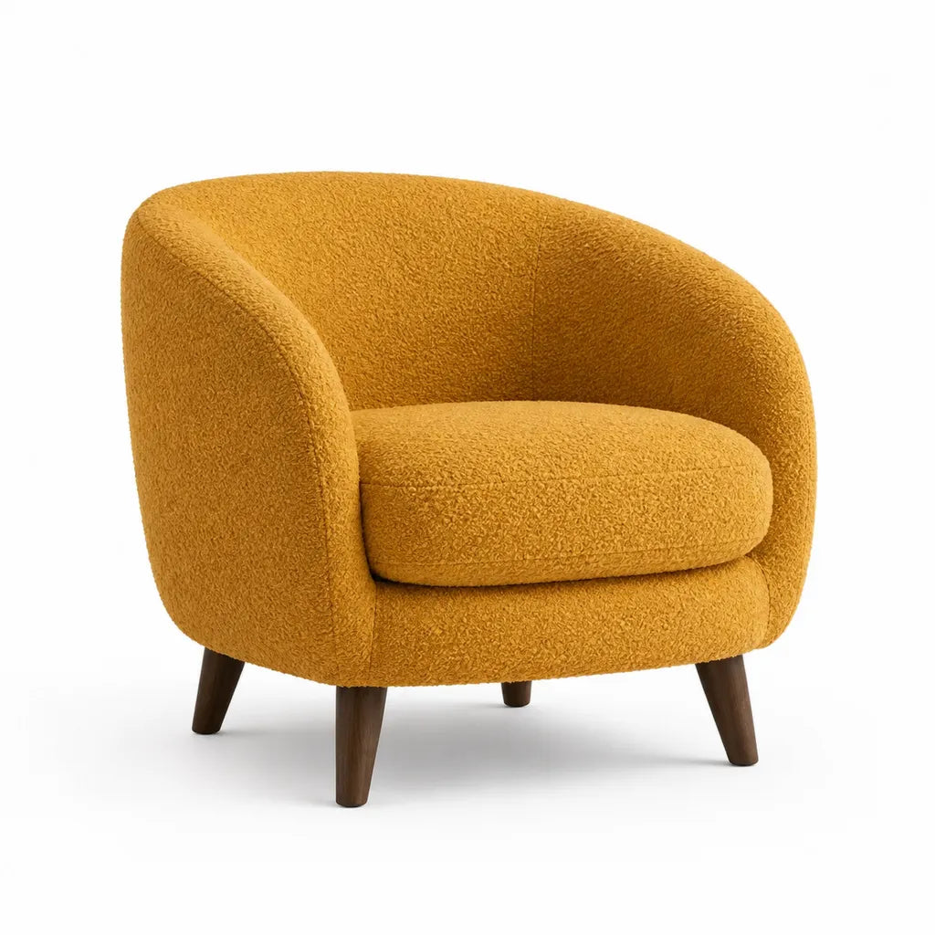 Fauteuil lounge arrondi en polyester bouclette jaune moutarde avec pieds en bois massif 78 x 76 x 75 cm