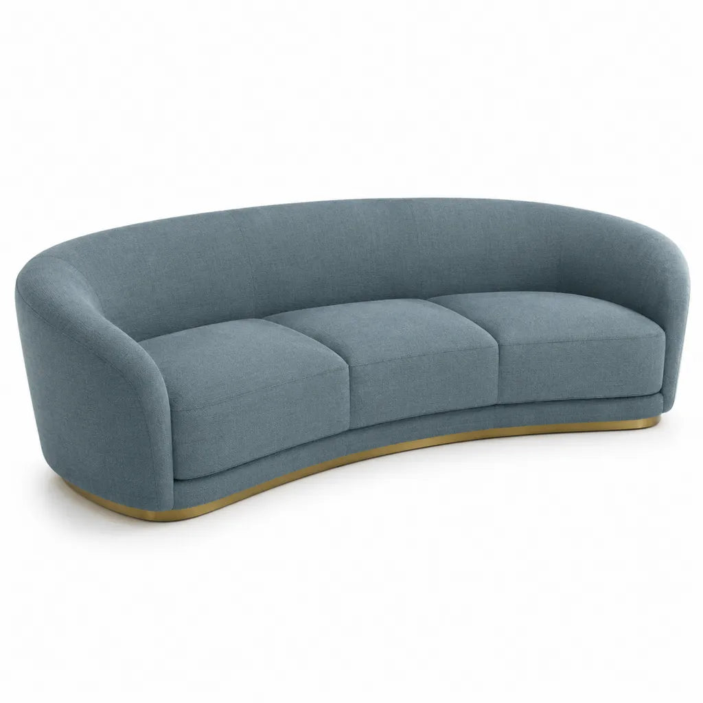Canape 3 places incurve 230 x 95 x 75 cm en polyester bleu gris avec base en acier inoxydable dore