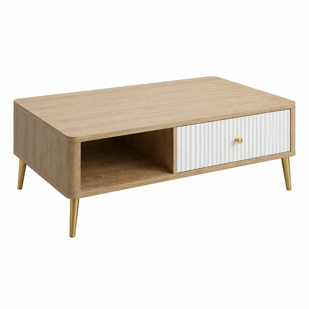 Table basse rectangulaire avec tiroir 100 x 50 x 45 cm en MDF decor chene blanc et dore