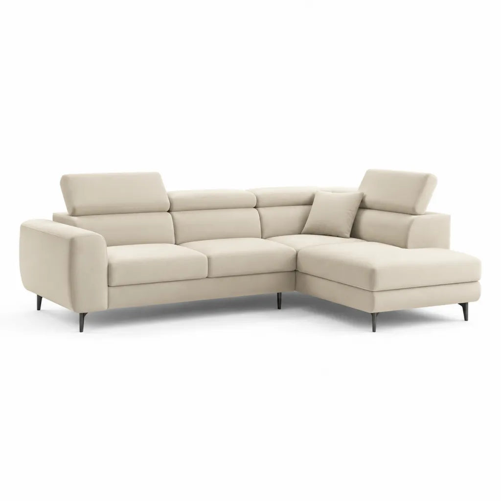 Canape d'angle 3 places avec meridienne droite en cuir synthetique PU blanc casse 280 x 165 x 85 cm