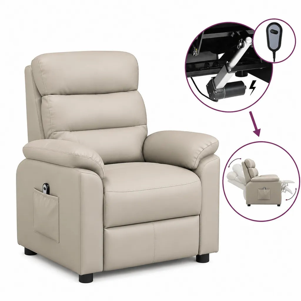 Fauteuil relax electrique inclinable en cuir synthetique PU beige 90 x 97 x 105 cm