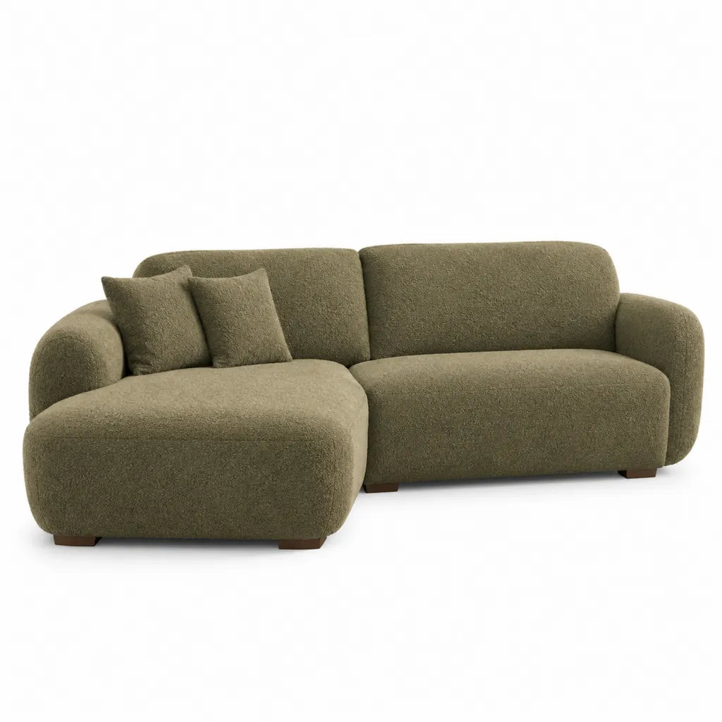 Canape d'angle 3 places avec meridienne gauche en polyester bouclette vert olive 245 x 160 x 85 cm