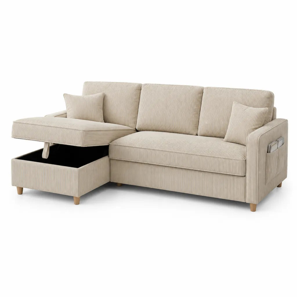 Canape d'angle 3 places avec meridienne coffre en velours cotele beige 240 x 150 x 85 cm