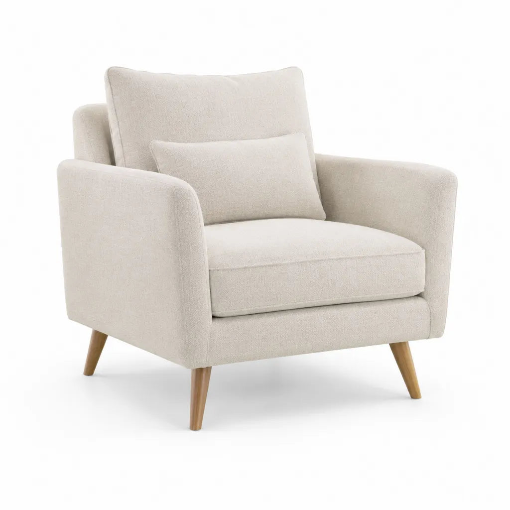 Fauteuil lounge 1 place en polyester beige avec coussins et pieds en bois massif 78 x 82 x 84 cm