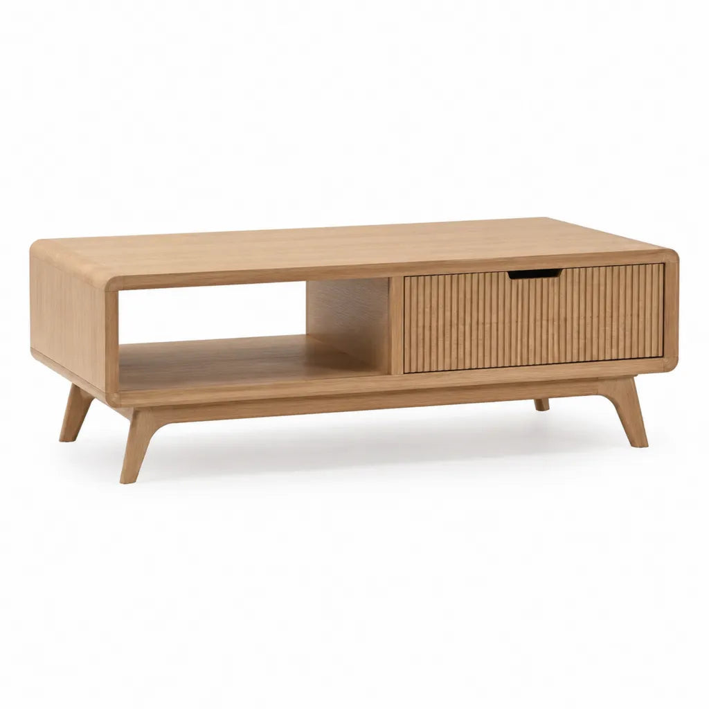 Table basse rectangulaire en chene massif naturel avec rangement 110 x 50 x 45 cm