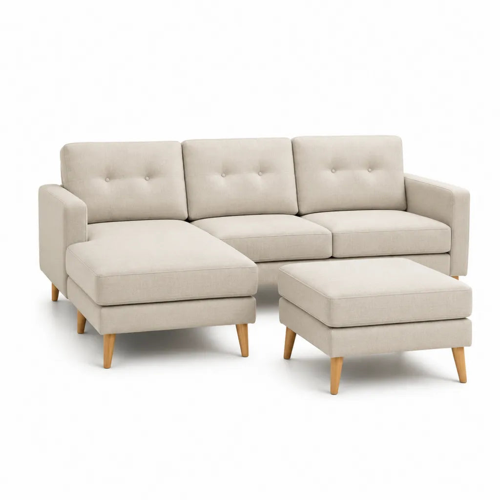 Canape d'angle 3 places avec meridienne et pouf en polyester beige 250 x 155 x 85 cm