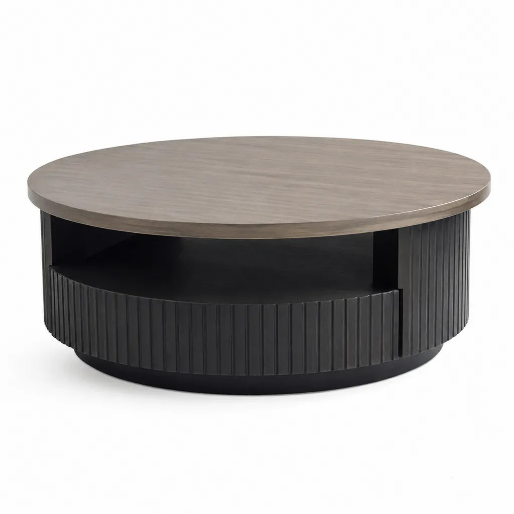 Table basse ronde avec rangement 80 x 80 x 40 cm en MDF gris et noir