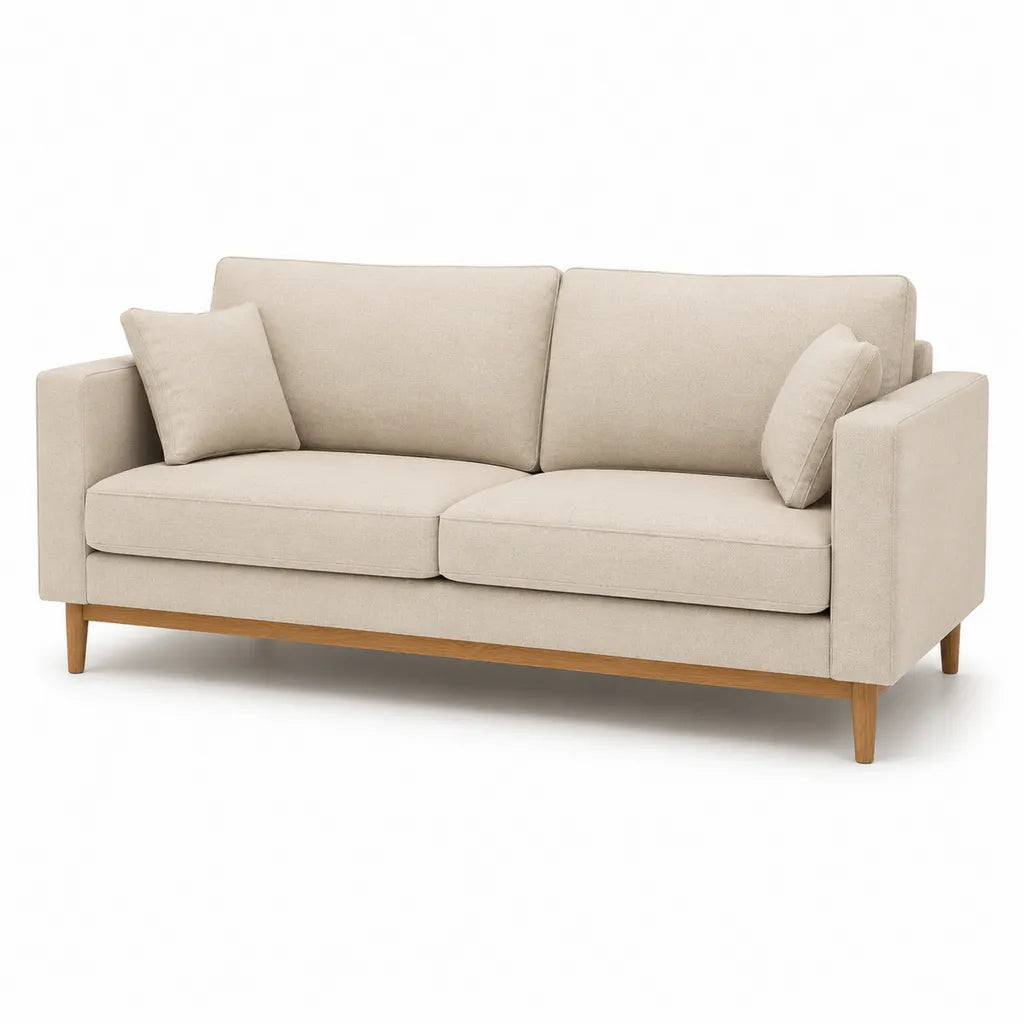 Canape droit 2 places 180 x 85 x 85 cm en polyester beige avec pieds en bois massif