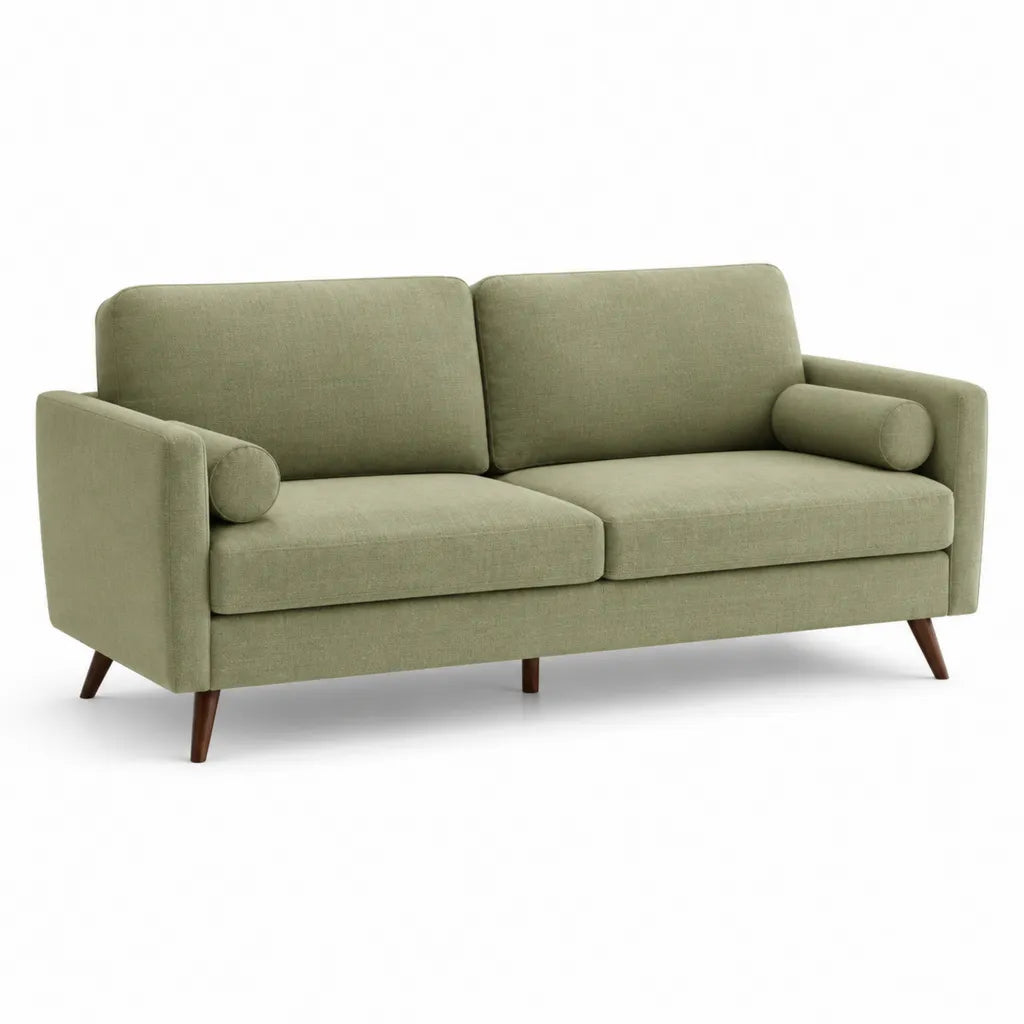 Canape 2 places en polyester vert olive avec pieds en hevea 158 x 84 x 86 cm
