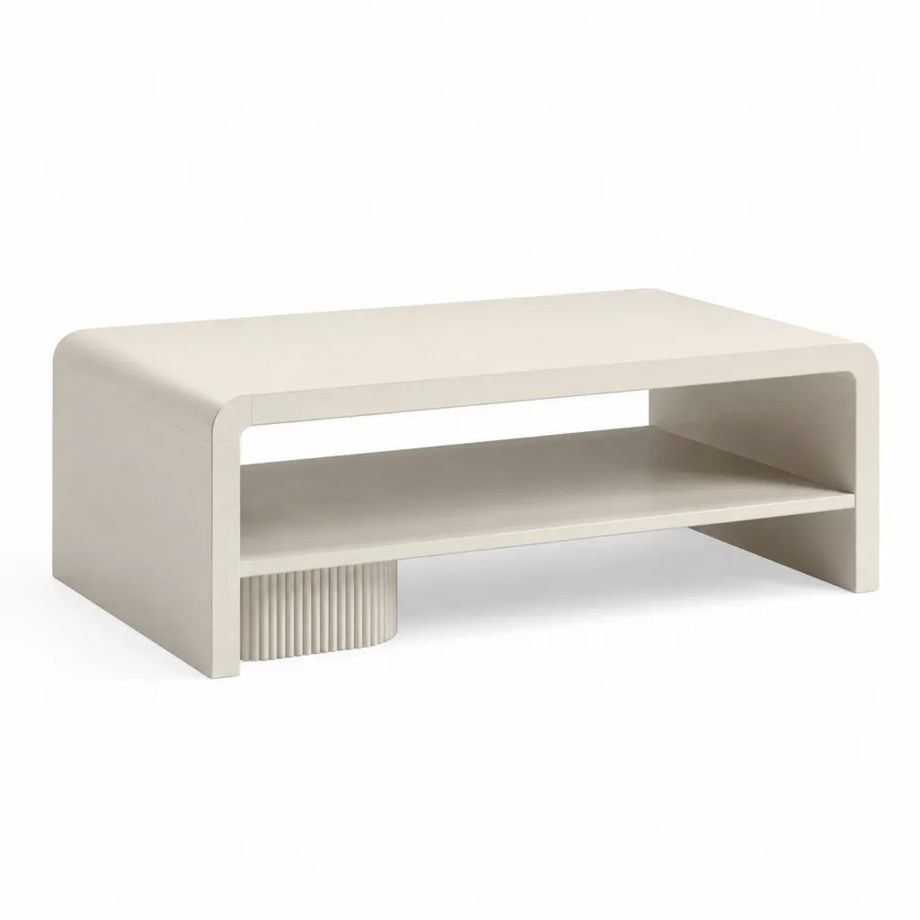 Table basse rectangulaire 120 x 60 x 38 cm en MDF laque beige avec etagere de rangement