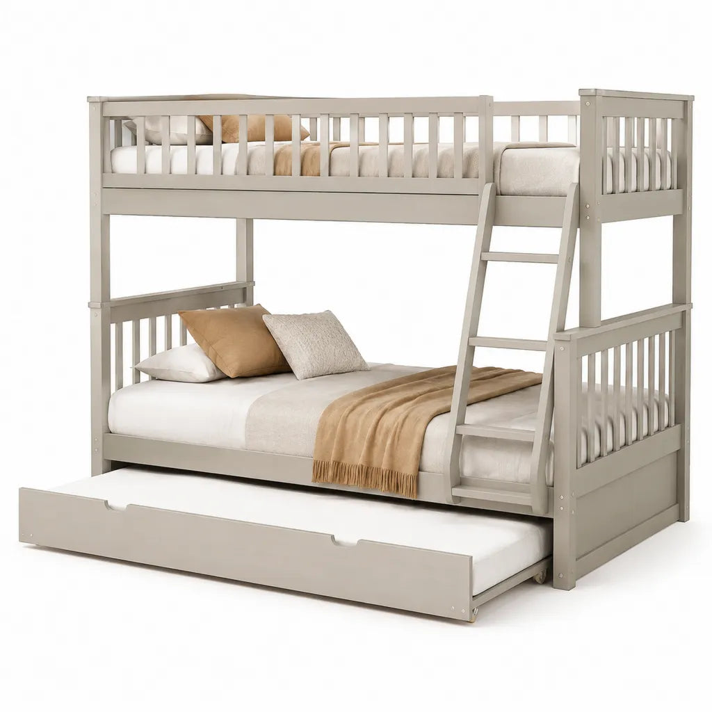Lit superpose 3 places avec lit gigogne 90 x 190 cm en pin massif gris taupe 203 x 101 x 170 cm