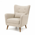Fauteuil bergere capitonne en polyester beige avec coussin et pieds en hevea 75 x 84 x 102 cm