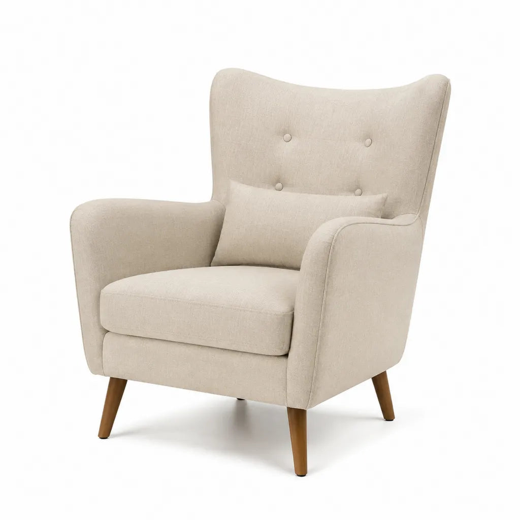 Fauteuil bergere capitonne en polyester beige avec coussin et pieds en hevea 75 x 84 x 102 cm