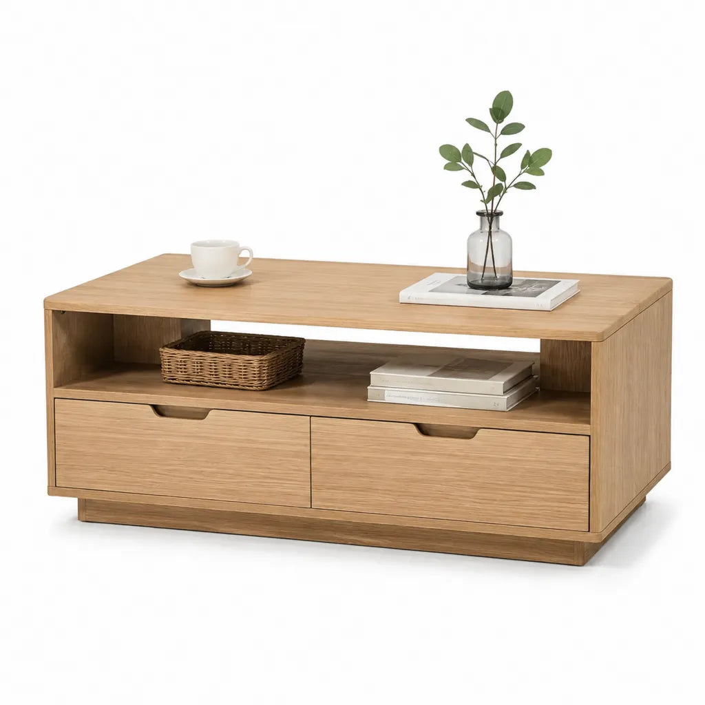 Table basse avec rangement en panneaux de particules decor chene rectangulaire chene clair 100 x 50 x 45 cm