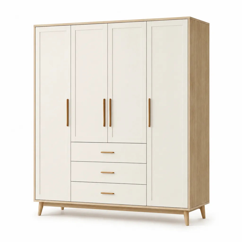 Armoire penderie rectangulaire 4 portes 3 tiroirs 180 x 55 x 200 cm en panneaux de particules melamines blanc et chene clair