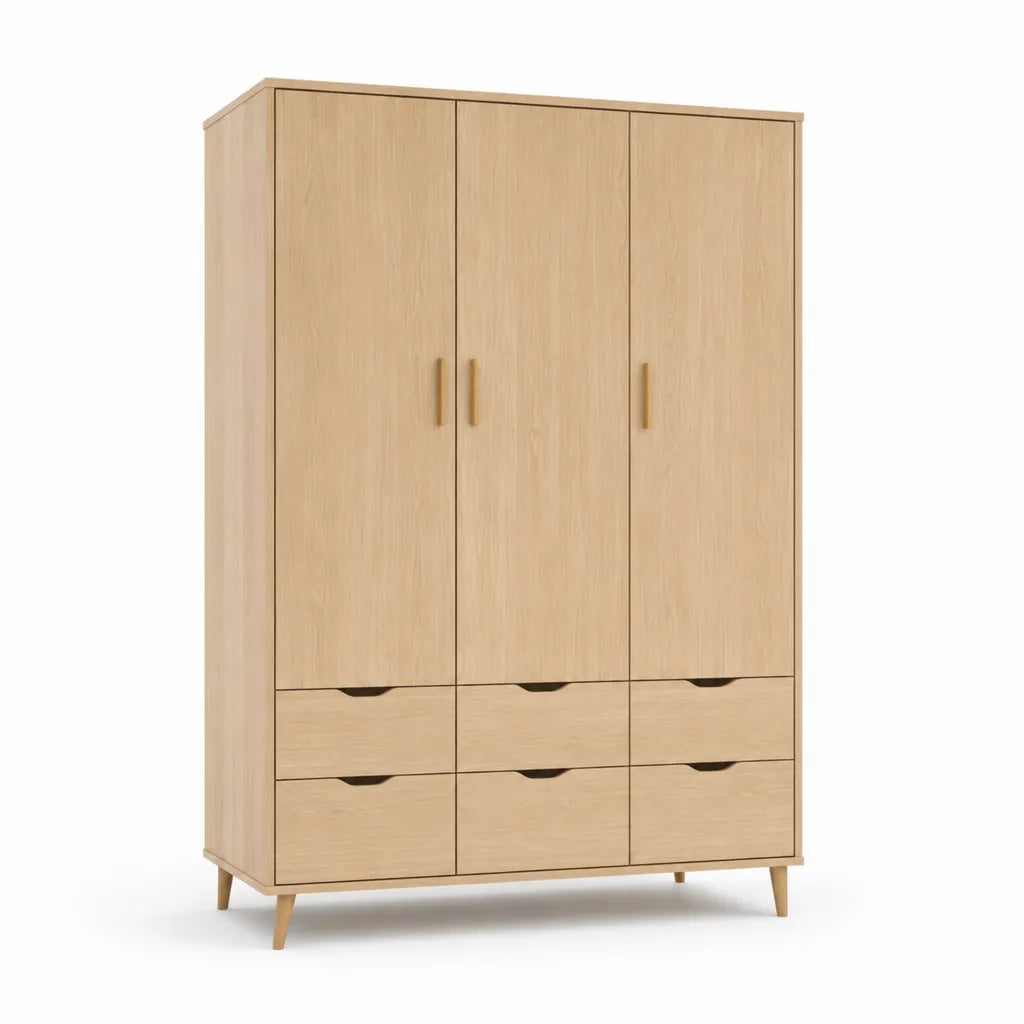 Armoire de chambre 3 portes 6 tiroirs en panneaux de particules decor chene naturel 120 x 52 x 190 cm