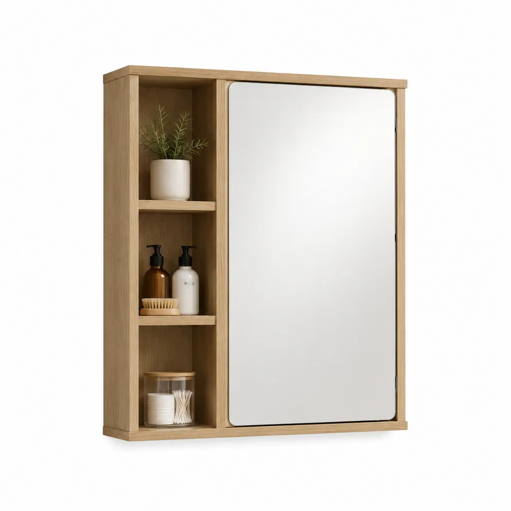 Armoire a miroir murale rectangulaire de salle de bain 60 x 75 x 15 cm en MDF decor chene avec etageres ouvertes