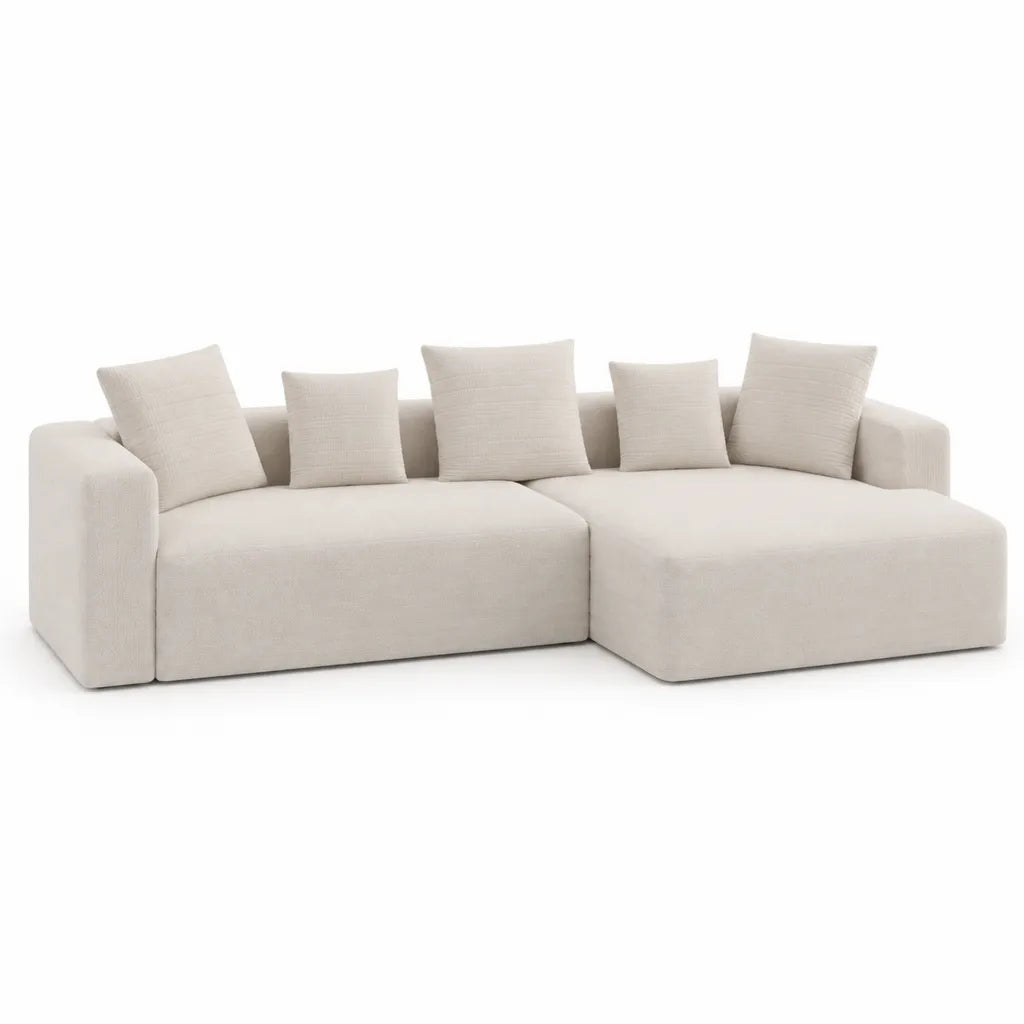 Canape d'angle 4 places en polyester beige forme L avec meridienne a droite 280 x 170 x 75 cm