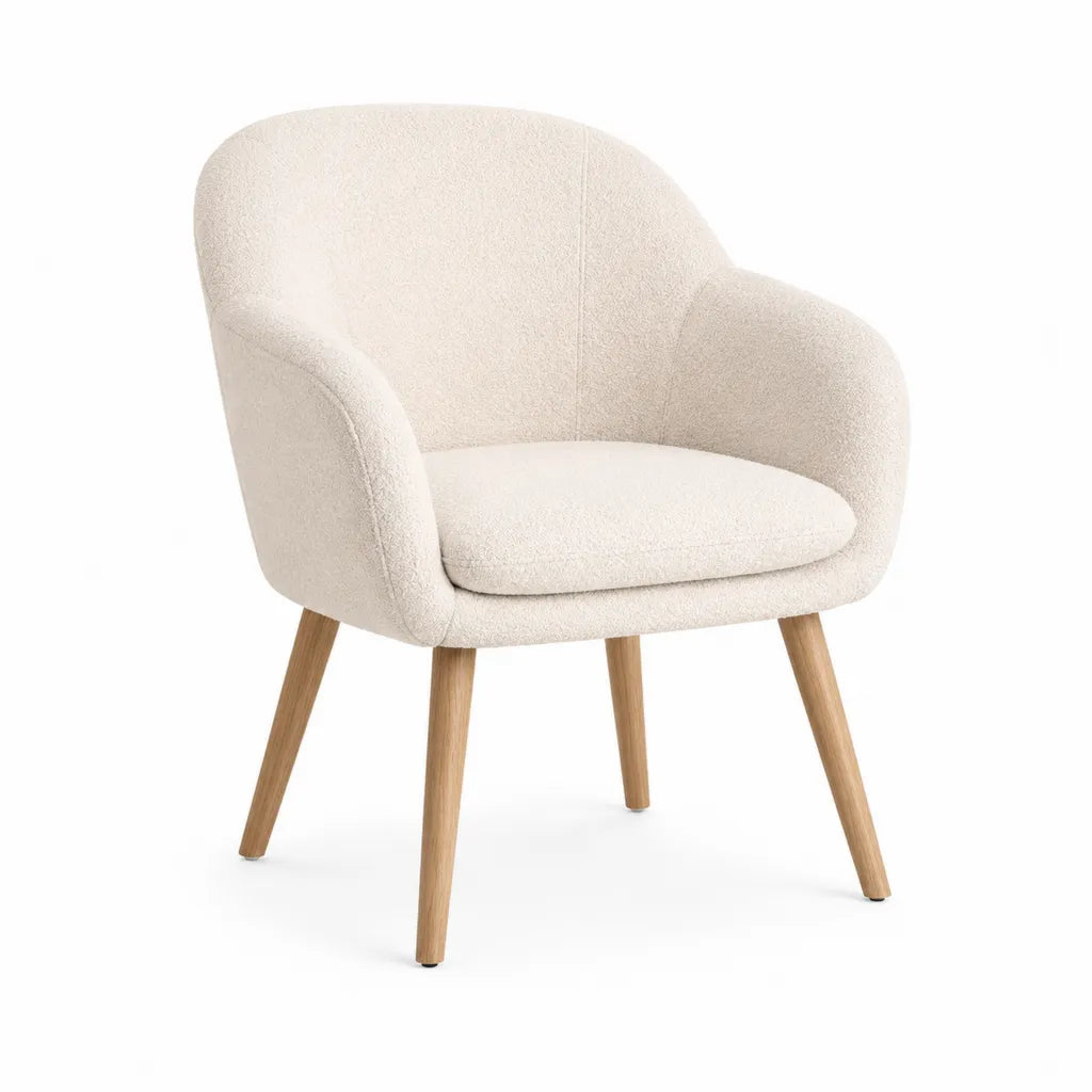 Fauteuil cabriolet a accoudoirs en polyester bouclette ecru pieds en bois massif 72 x 75 x 82 cm