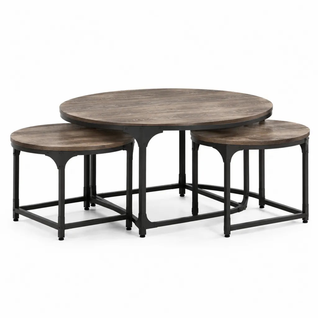 Tables basses gigognes rondes lot de 3 en MDF decor chene brun et acier noir 80 x H50 cm 60 x H45 cm 40 x H40 cm