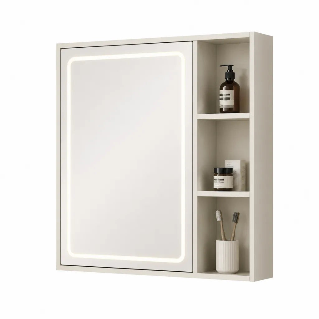 Armoire de salle de bain murale a miroir LED avec 3 etageres ouvertes en MDF blanc 60 x 70 x 15 cm